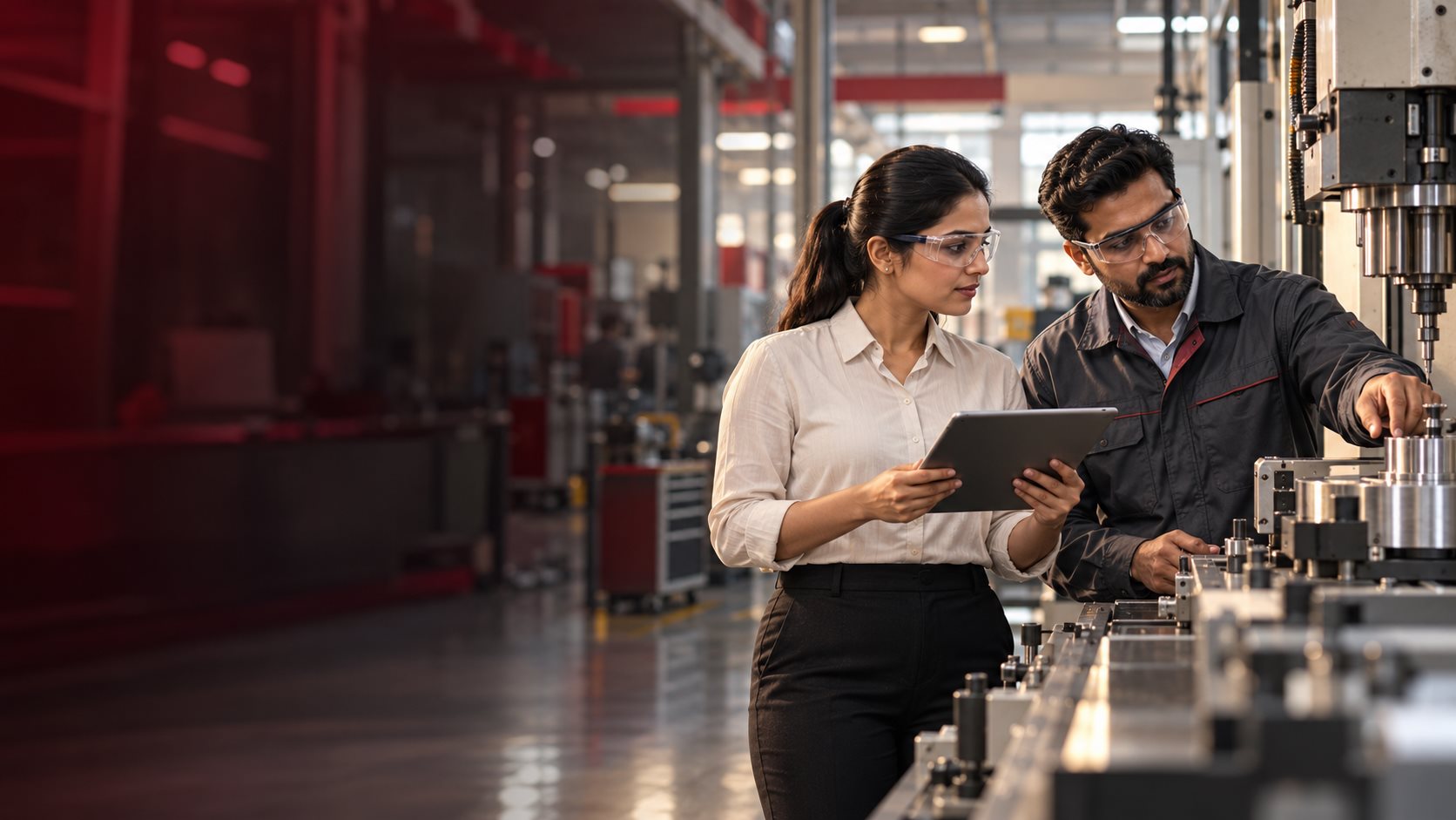 Illustrative scene of a quality consultant and manufacturing engineer inspecting a production process